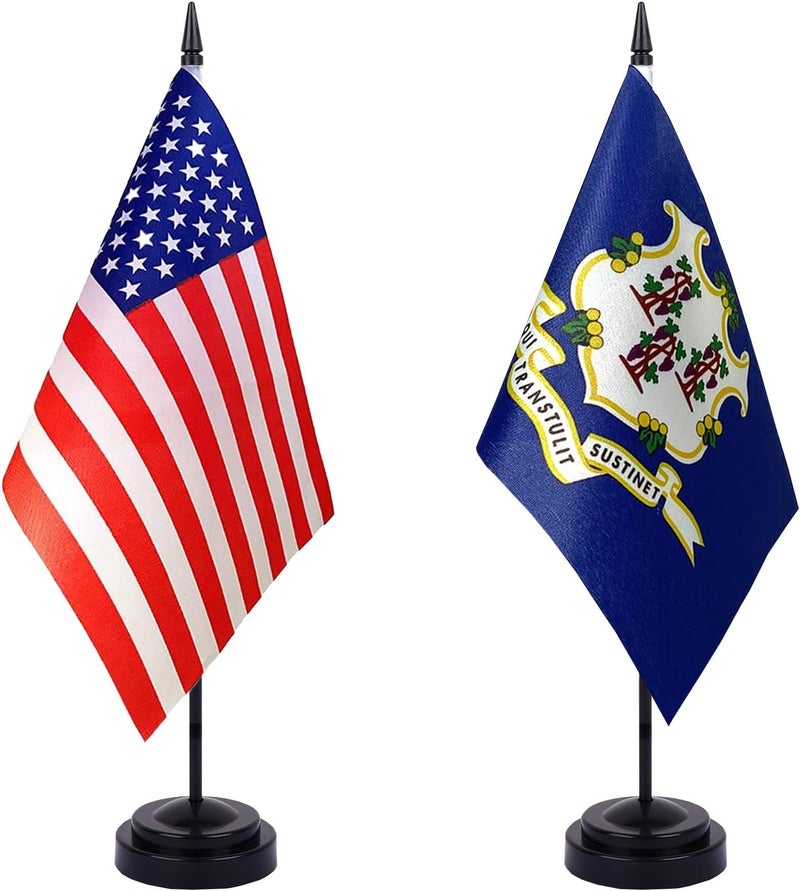 WXTWK 2 Pack USA Connecticut Flag Connecticut State Desk Flag Set - Mini Small Connecticut Table Office Flags with Black 12" Solid Pole Stand Base Classroom Meeting Desktop Decorations - Image 1